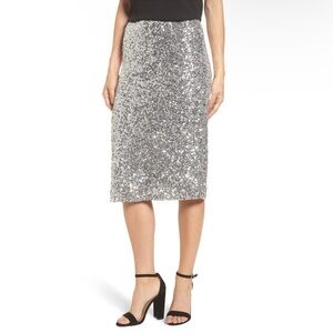 NWT 🩶 Halogen Nordstrom Silver Sequin Pencil Skirt, Lined, Back Zipper, XL